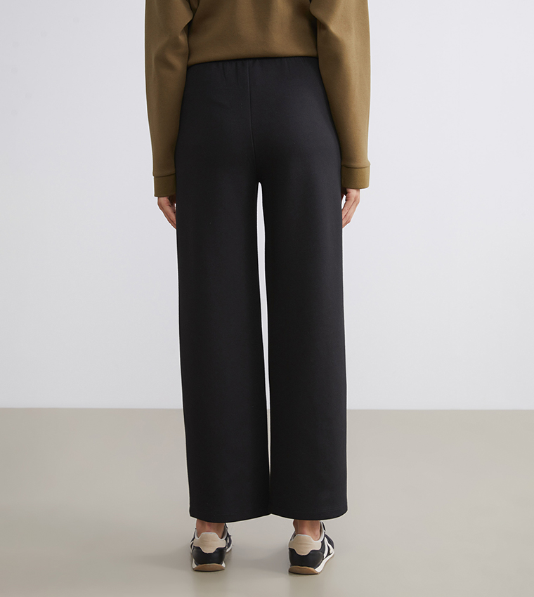 Solid Drawstring Waist Jersey Wide Leg Trousers