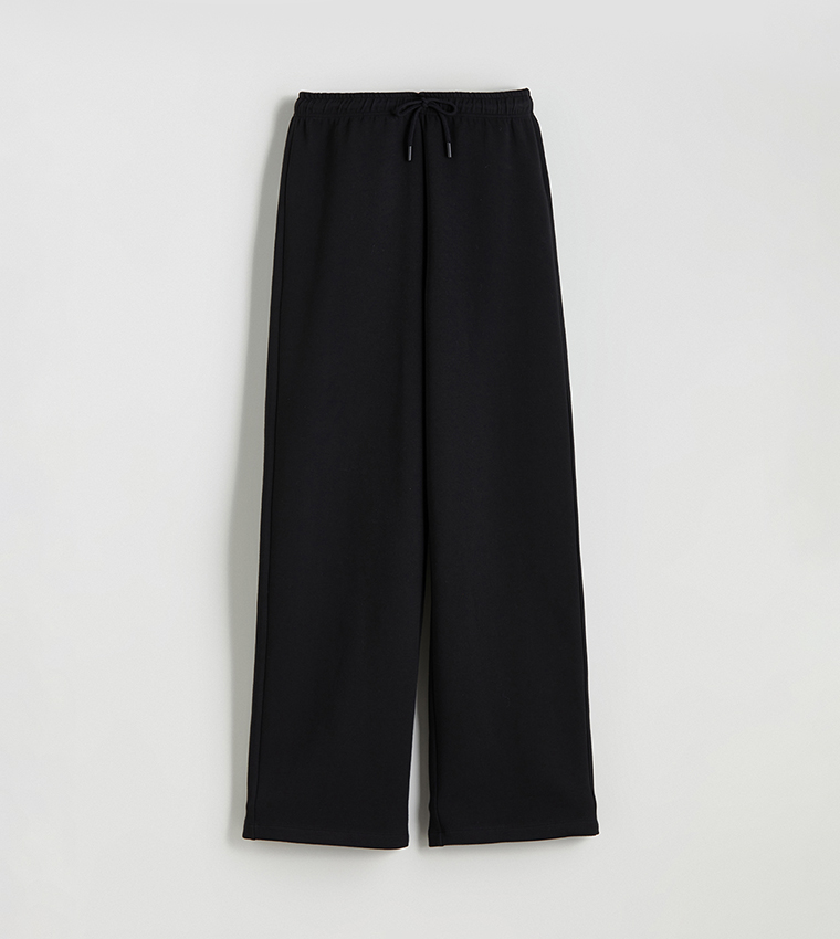 Solid Drawstring Waist Jersey Wide Leg Trousers