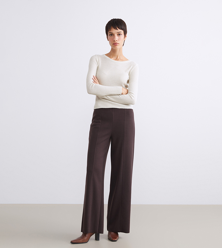 Solid Elastic Waist Jersey Wide Leg Trousers