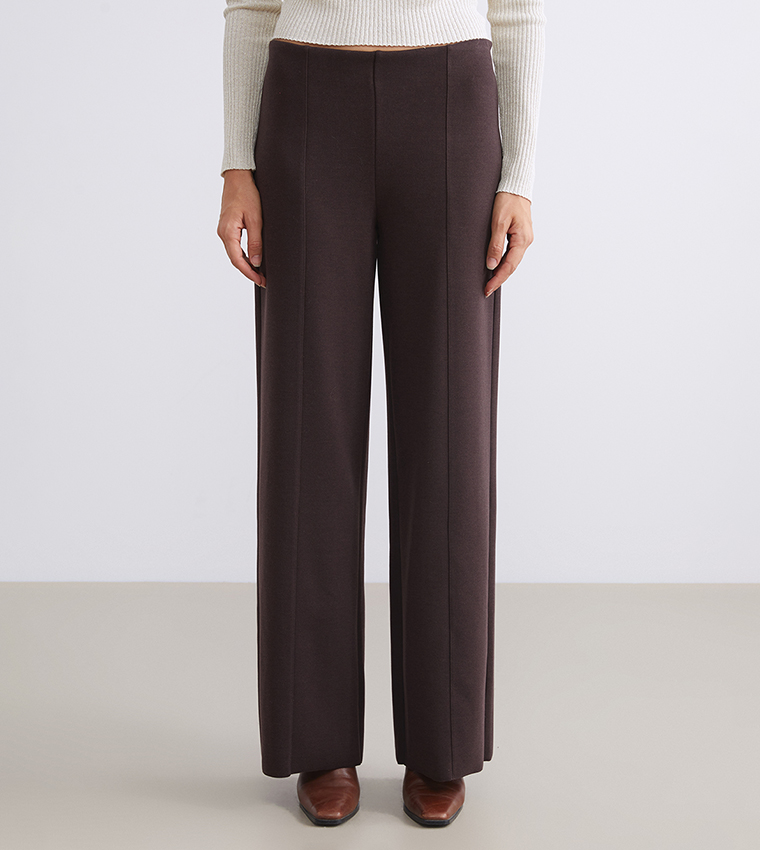 Solid Elastic Waist Jersey Wide Leg Trousers