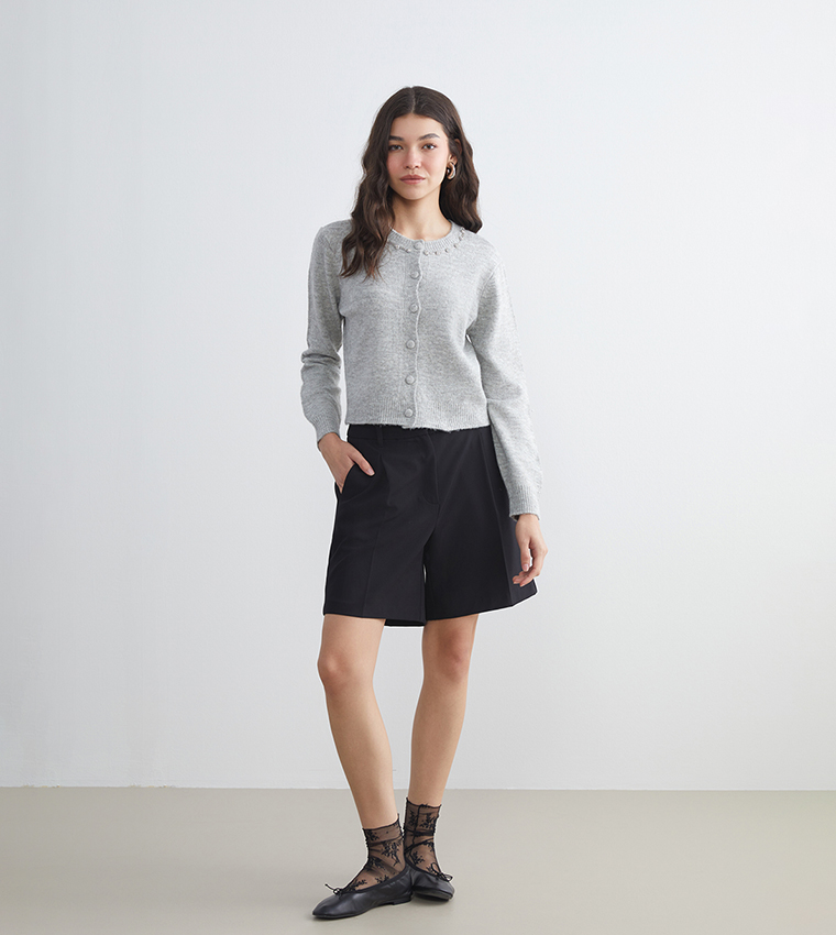 Crew Neck Rhinestone Embellished Knit Cardigan