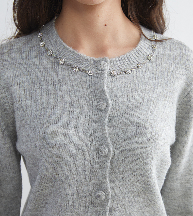 Crew Neck Rhinestone Embellished Knit Cardigan