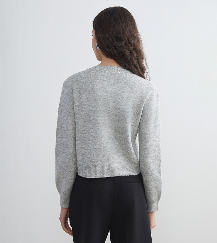 Crew Neck Rhinestone Embellished Knit Cardigan