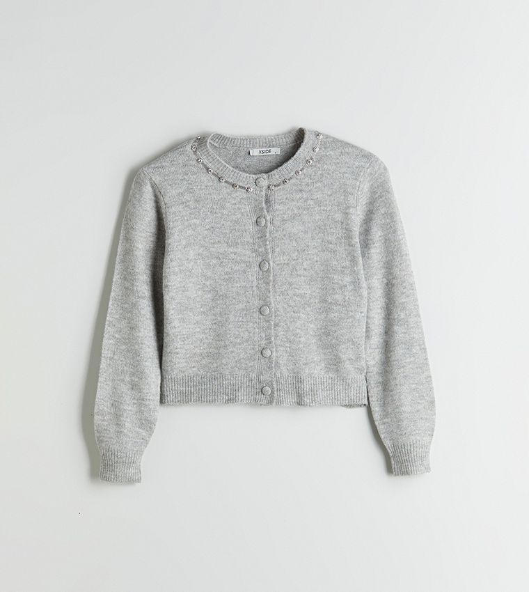 Crew Neck Rhinestone Embellished Knit Cardigan