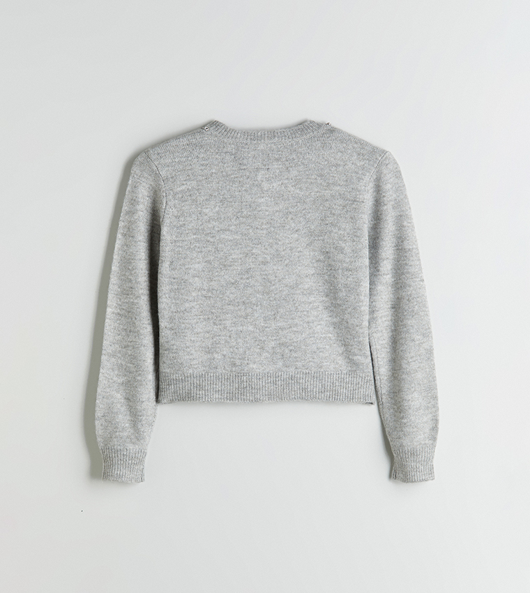 Crew Neck Rhinestone Embellished Knit Cardigan