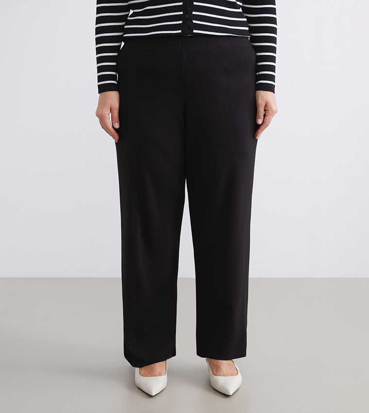 Solid Elastic Waist Knit Trousers