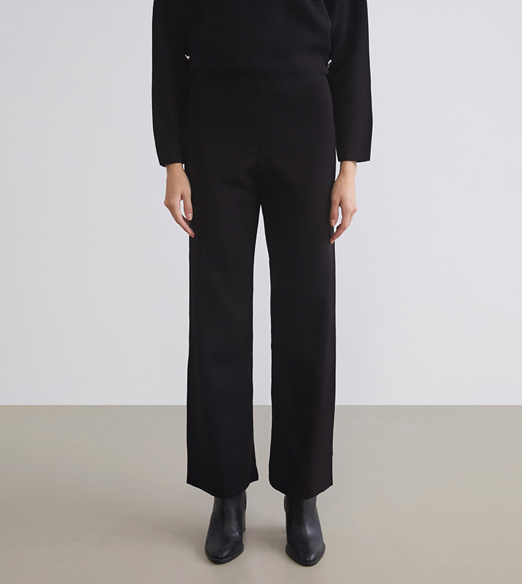 Solid Elastic Waist Knit Trousers