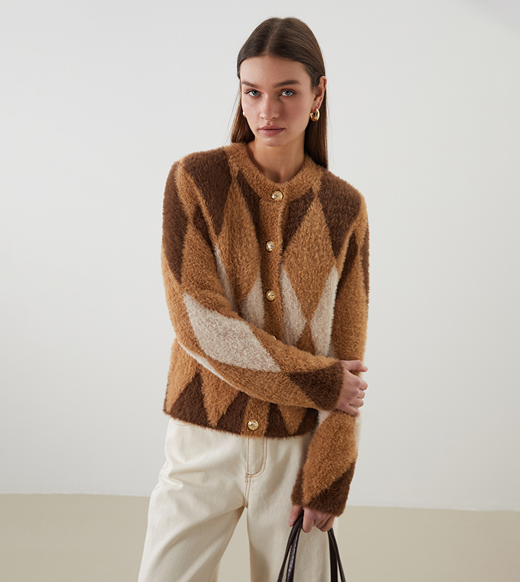 Patterned Crew Neck Knit Cardigan