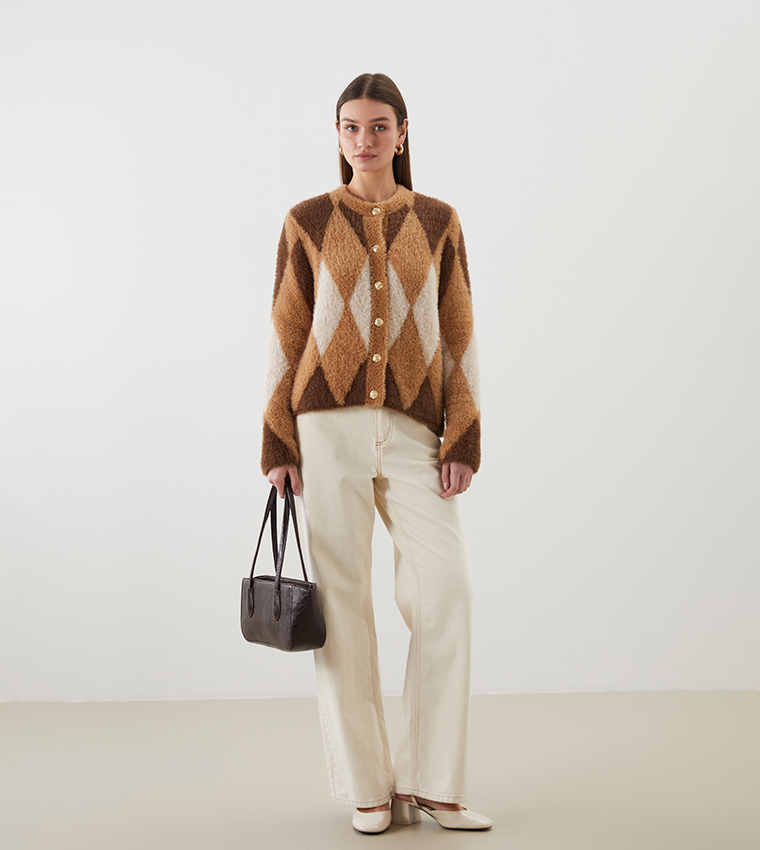 Patterned Crew Neck Knit Cardigan