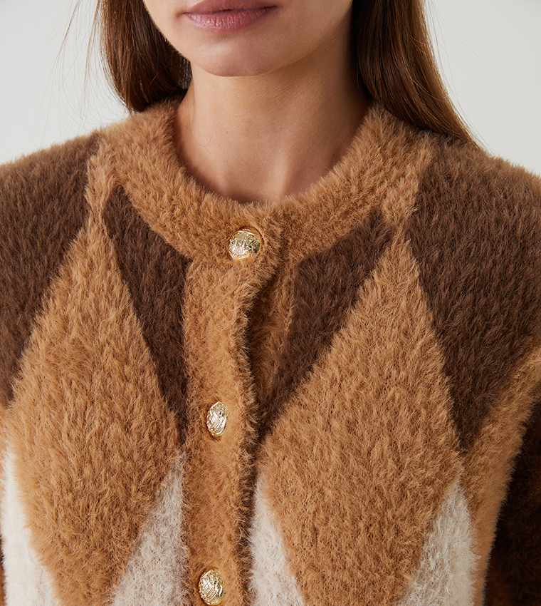 Patterned Crew Neck Knit Cardigan