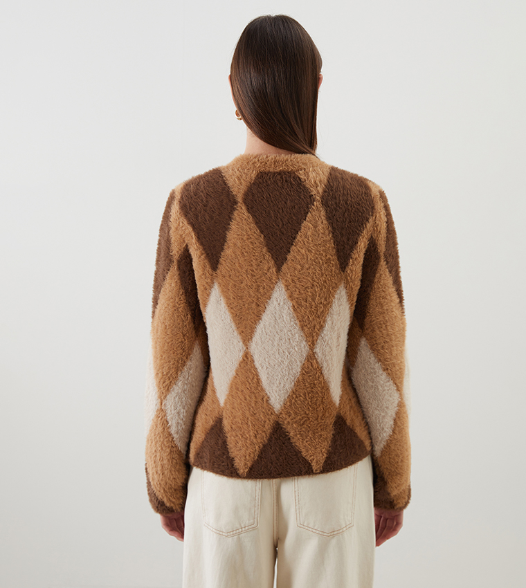 Patterned Crew Neck Knit Cardigan