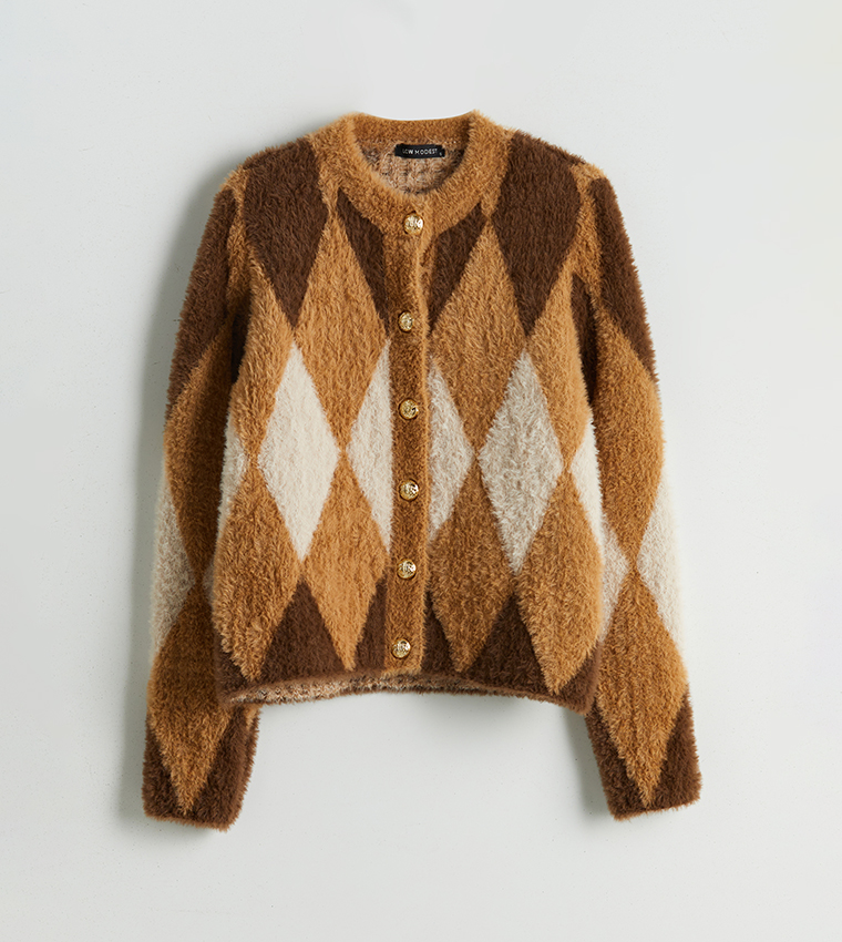 Patterned Crew Neck Knit Cardigan