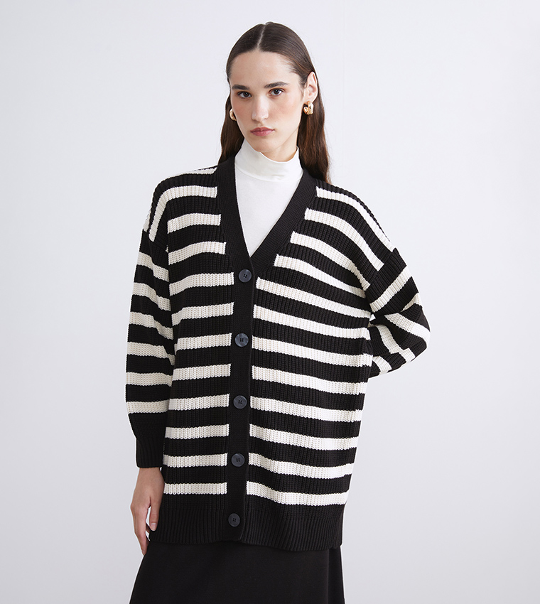 Striped V-Neck Knit Cardigan