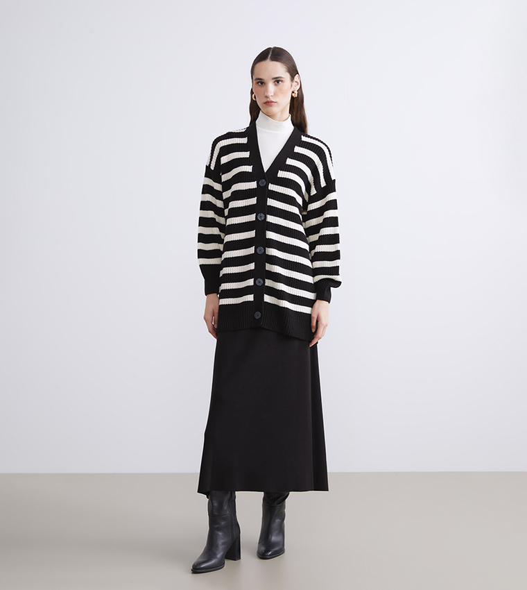 Striped V-Neck Knit Cardigan