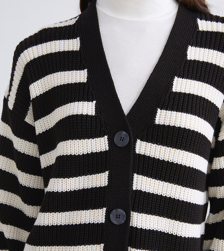 Striped V-Neck Knit Cardigan