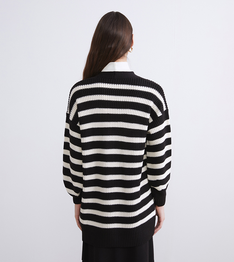 Striped V-Neck Knit Cardigan