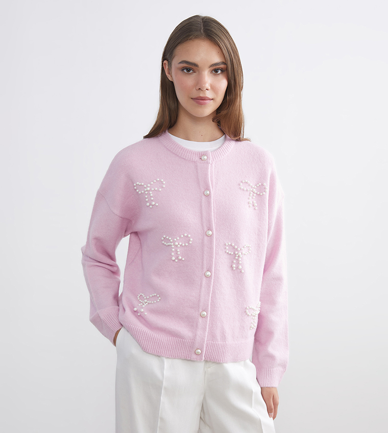 كارديجان نسائي كم طويل مزين باللؤلؤ
