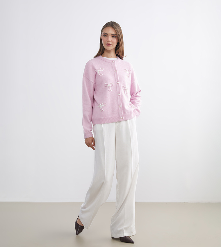 كارديجان نسائي كم طويل مزين باللؤلؤ