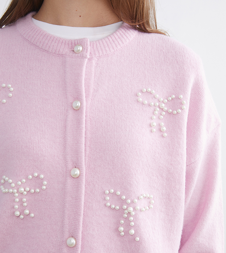 كارديجان نسائي كم طويل مزين باللؤلؤ