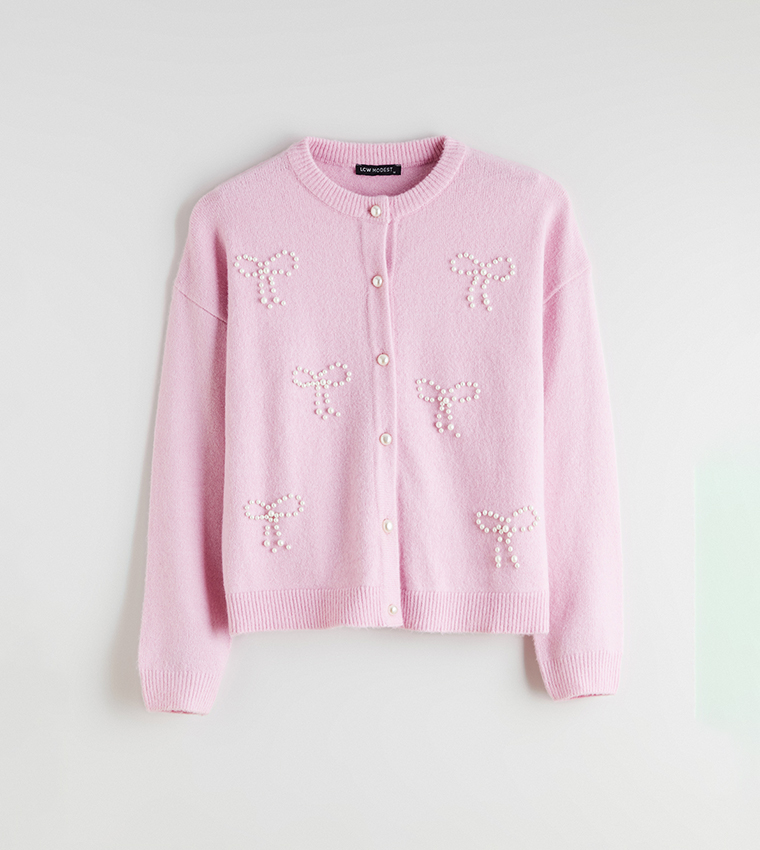 كارديجان نسائي كم طويل مزين باللؤلؤ