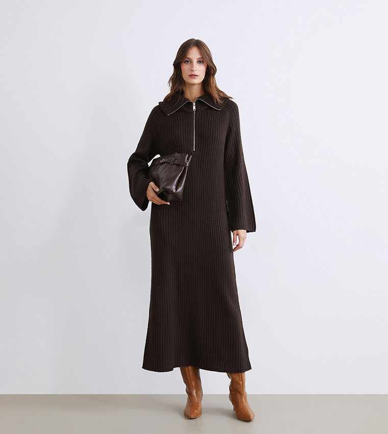 Ribbed Long Sleeves Midi Sweater Dress