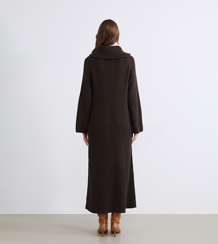 Ribbed Long Sleeves Midi Sweater Dress