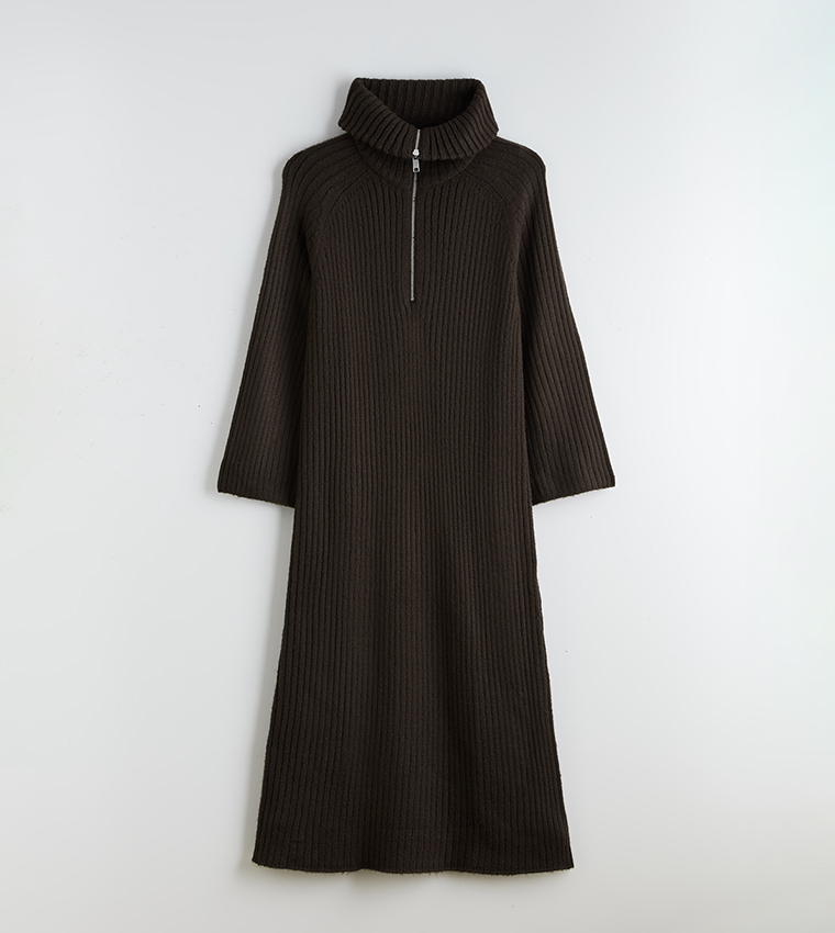 Ribbed Long Sleeves Midi Sweater Dress