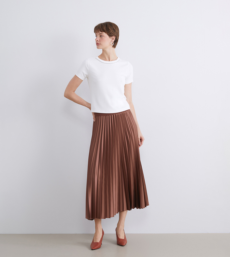 Accordion Pleated Elastic Waist Satin Midi Skirt