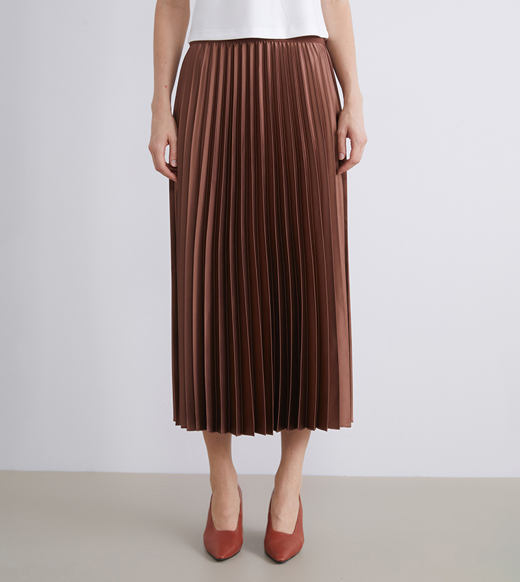 Accordion Pleated Elastic Waist Satin Midi Skirt