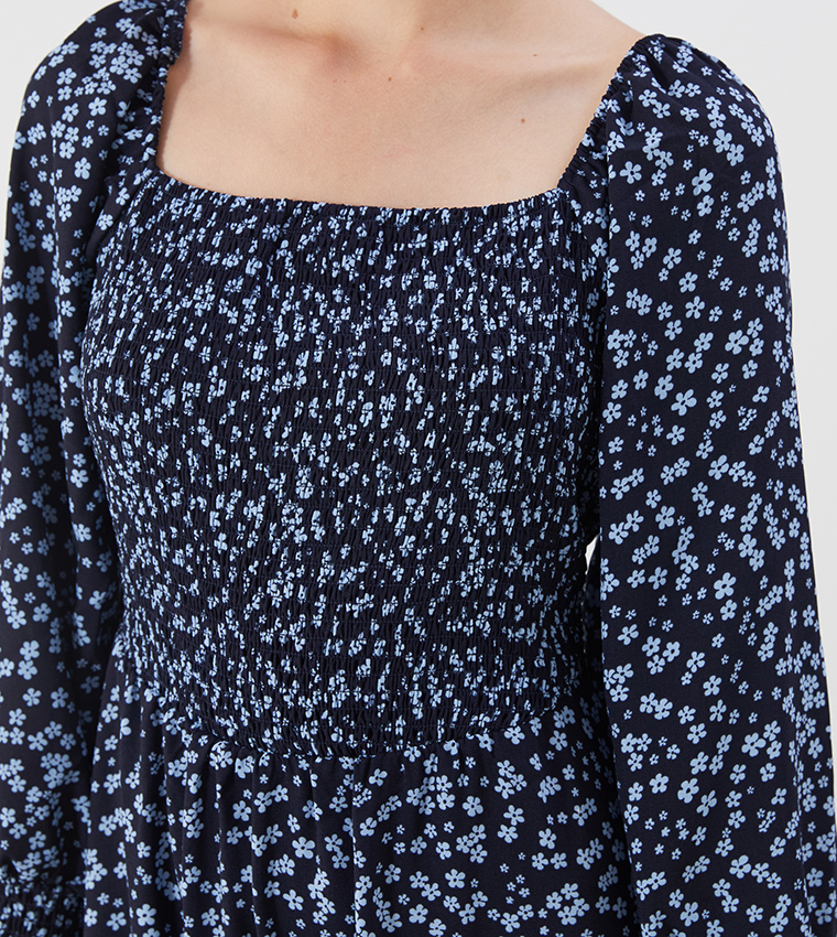 Floral Print Balloon Sleeves Midi Dress