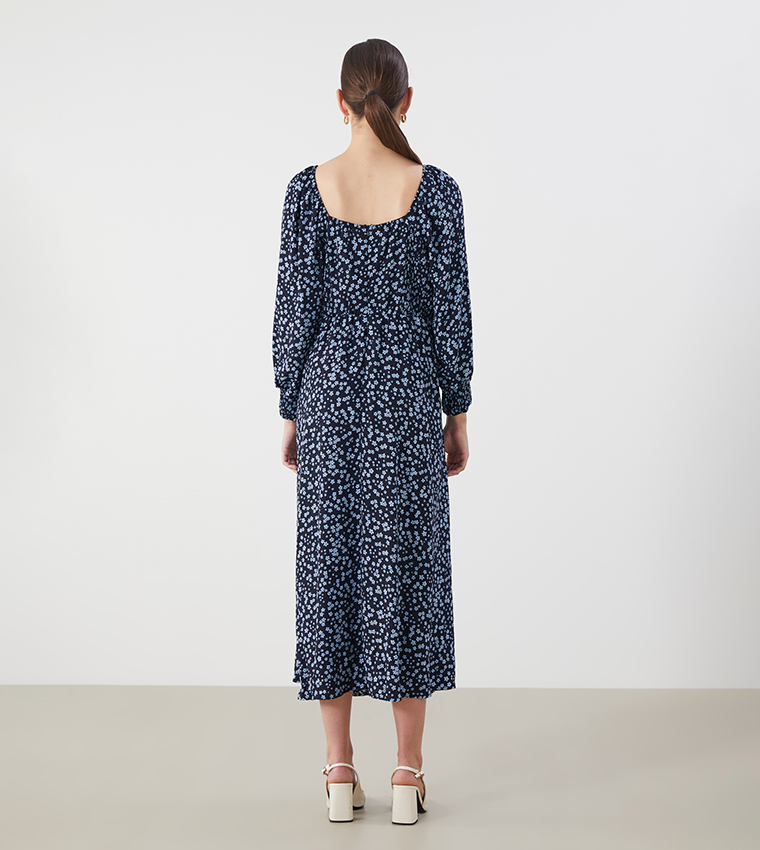 Floral Print Balloon Sleeves Midi Dress