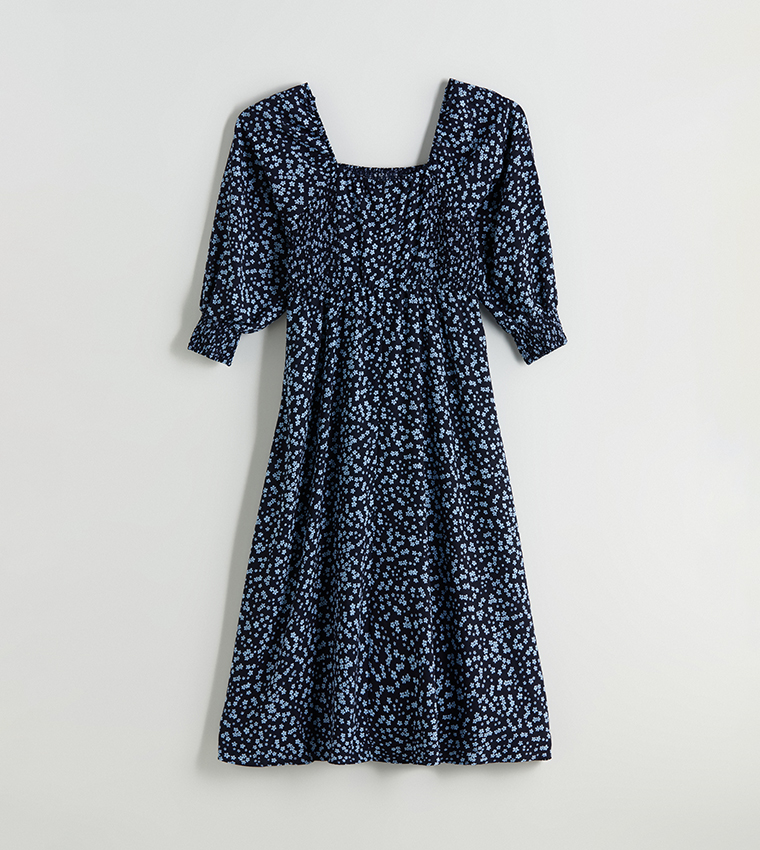Floral Print Balloon Sleeves Midi Dress
