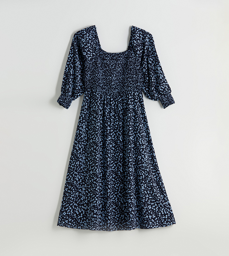 Floral Print Balloon Sleeves Midi Dress