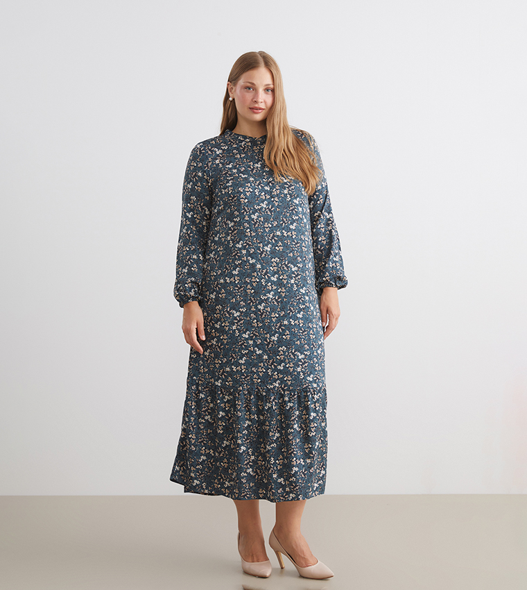 Floral Print Crew Neck A-Line Midi Dress