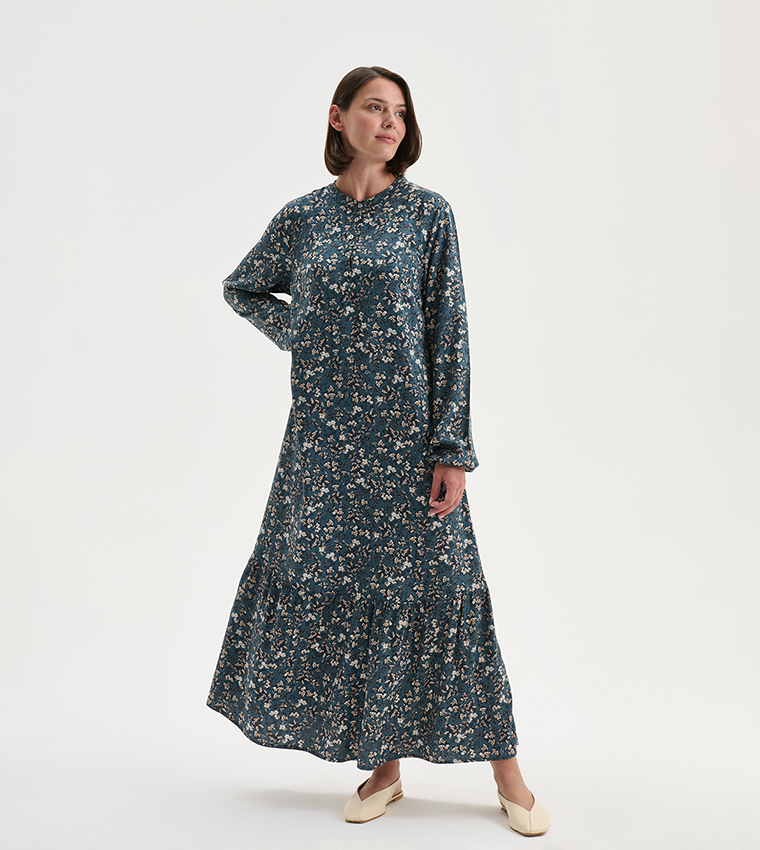 Floral Print Crew Neck A-Line Midi Dress