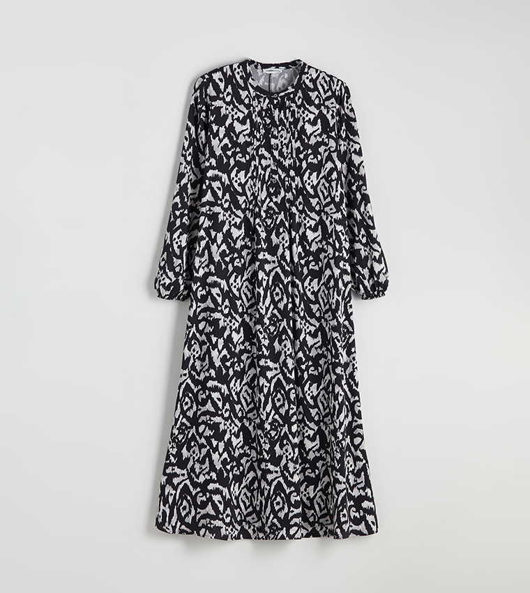 Printed Crew Neck A-Line Maxi Dress