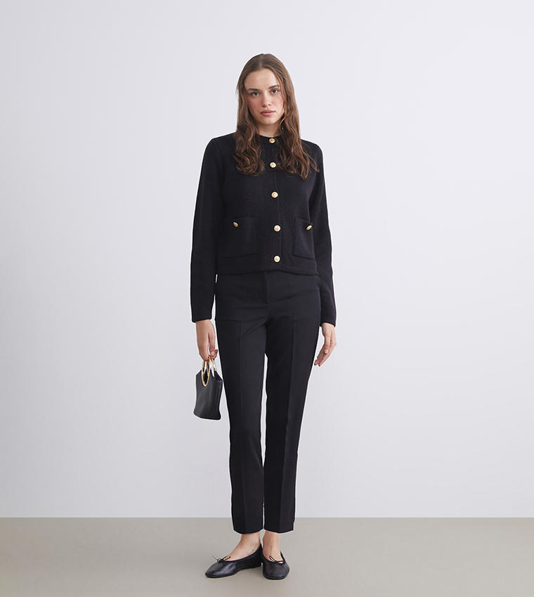 Solid High Waist Slim Fit Trousers
