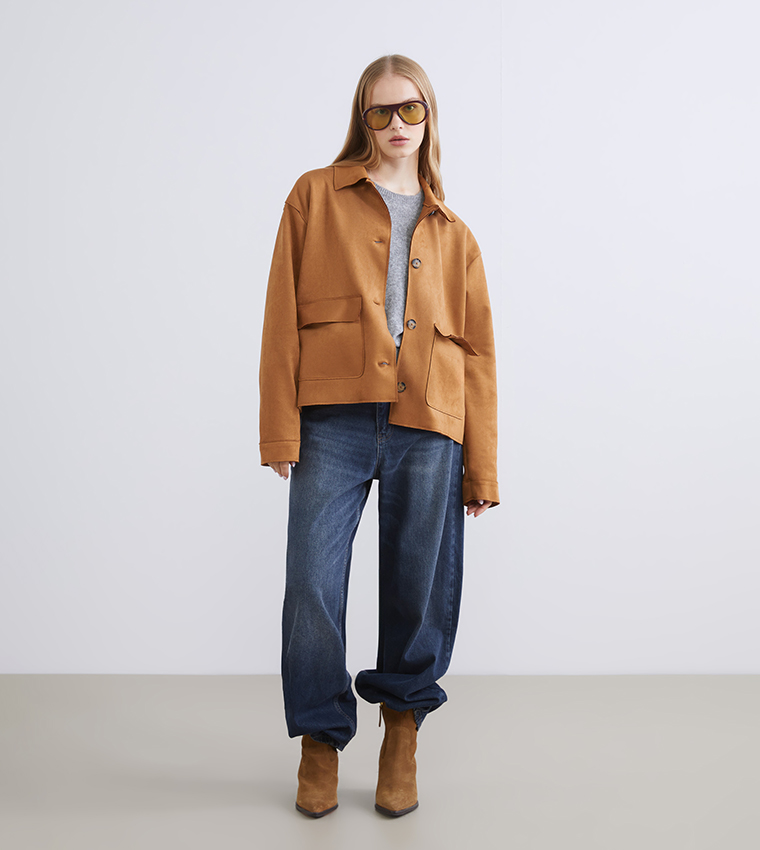 Textured Collared Faux Suede Jacket