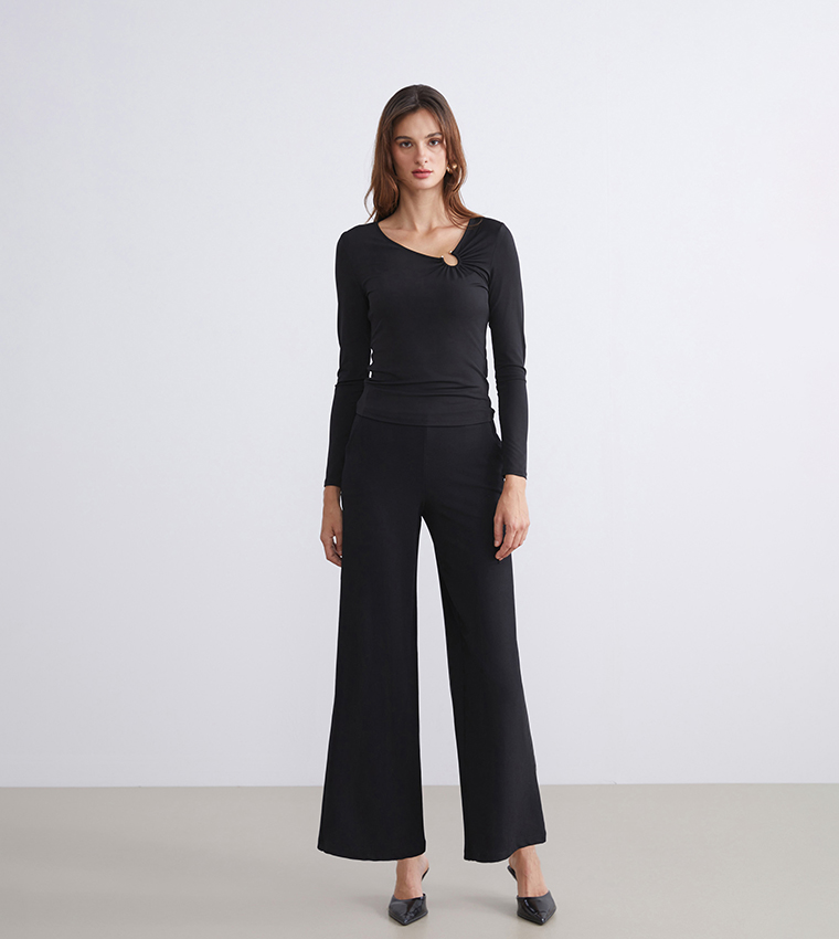Elastic Waist Wide Leg Crepe Trousers