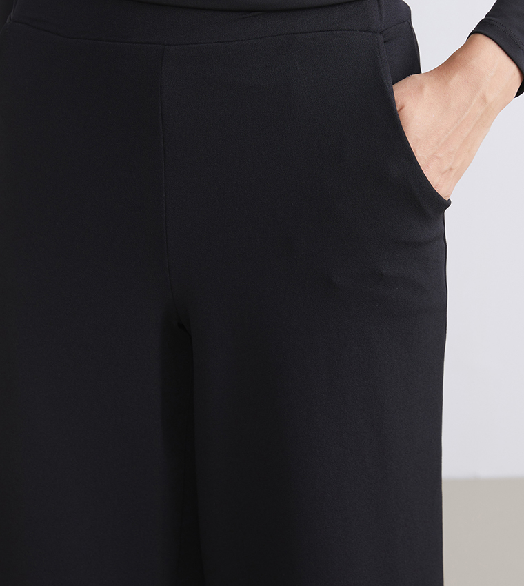 Elastic Waist Wide Leg Crepe Trousers