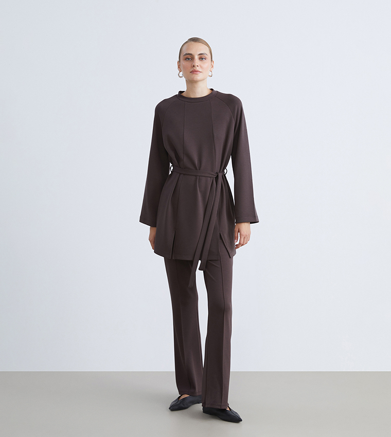 Solid Belted Crew Neck Tunic