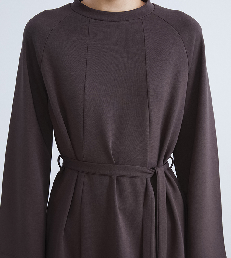 Solid Belted Crew Neck Tunic
