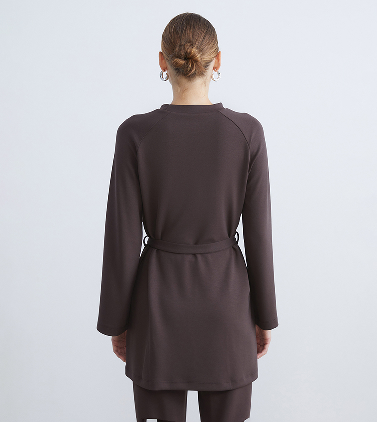 Solid Belted Crew Neck Tunic