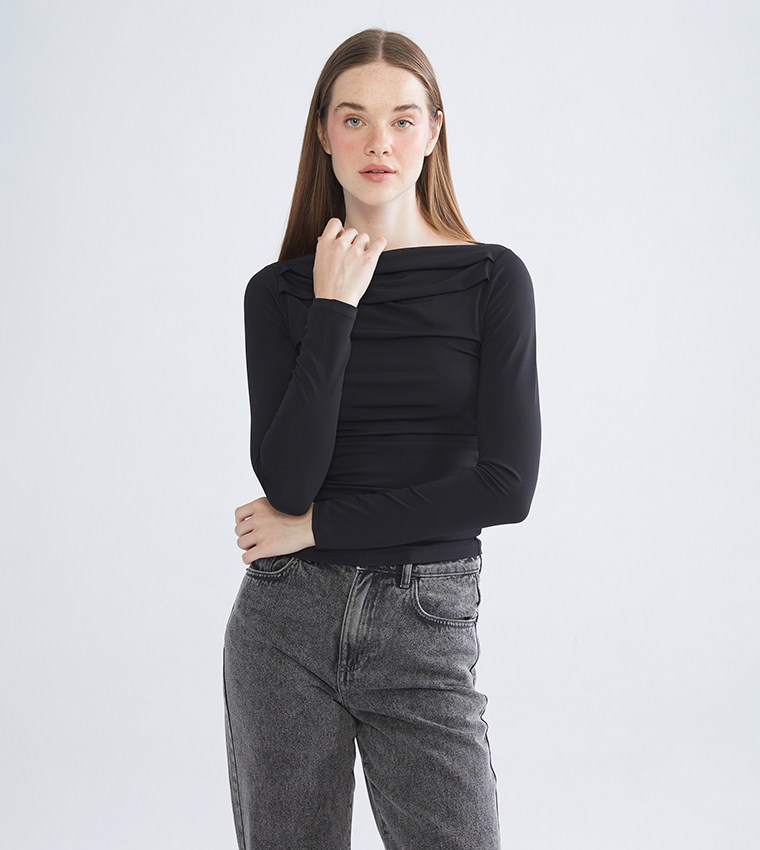 Ruched Boat Neck Long Sleeves Top
