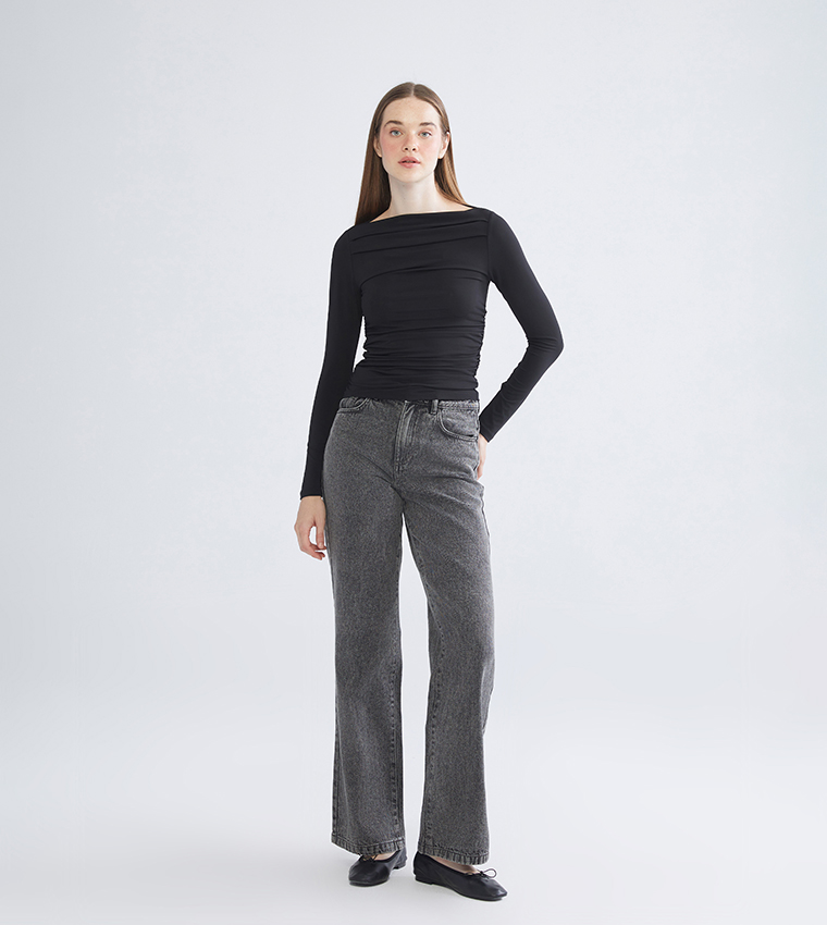 Ruched Boat Neck Long Sleeves Top