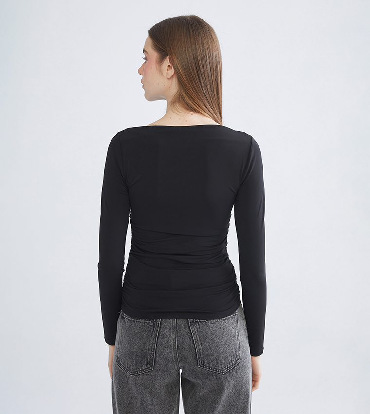Ruched Boat Neck Long Sleeves Top
