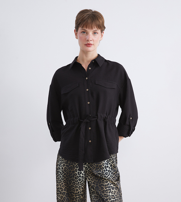 Solid Long Sleeves Belted Shirt