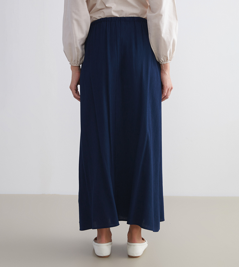 Women's Drawstring Maxi Skirt - High Waist, Ankle Length With Pockets (Blue, Large) - View #2