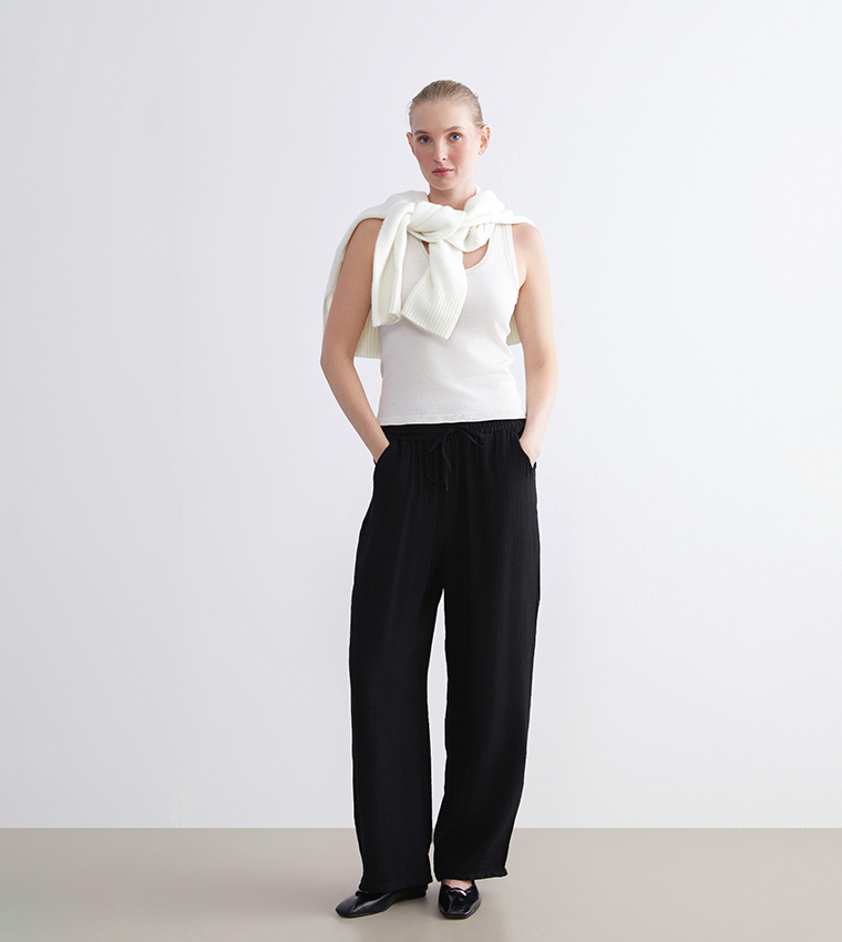 Drawstring Waist Wide Leg Trousers