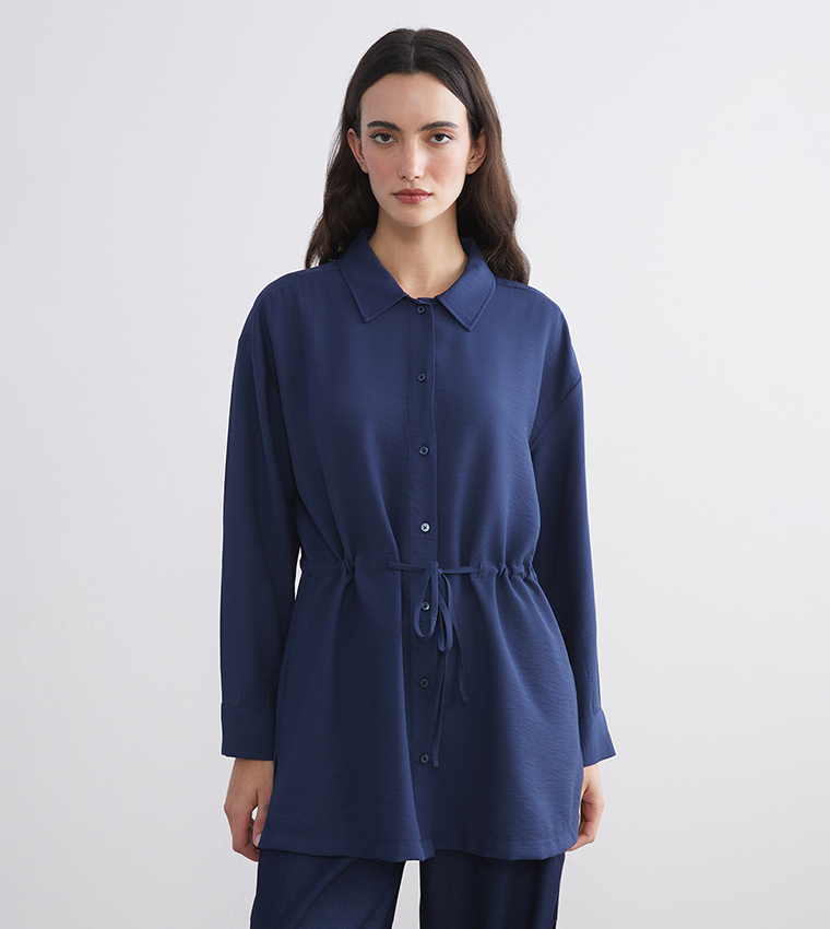 Solid Belted Oversized Shirt Tunic
